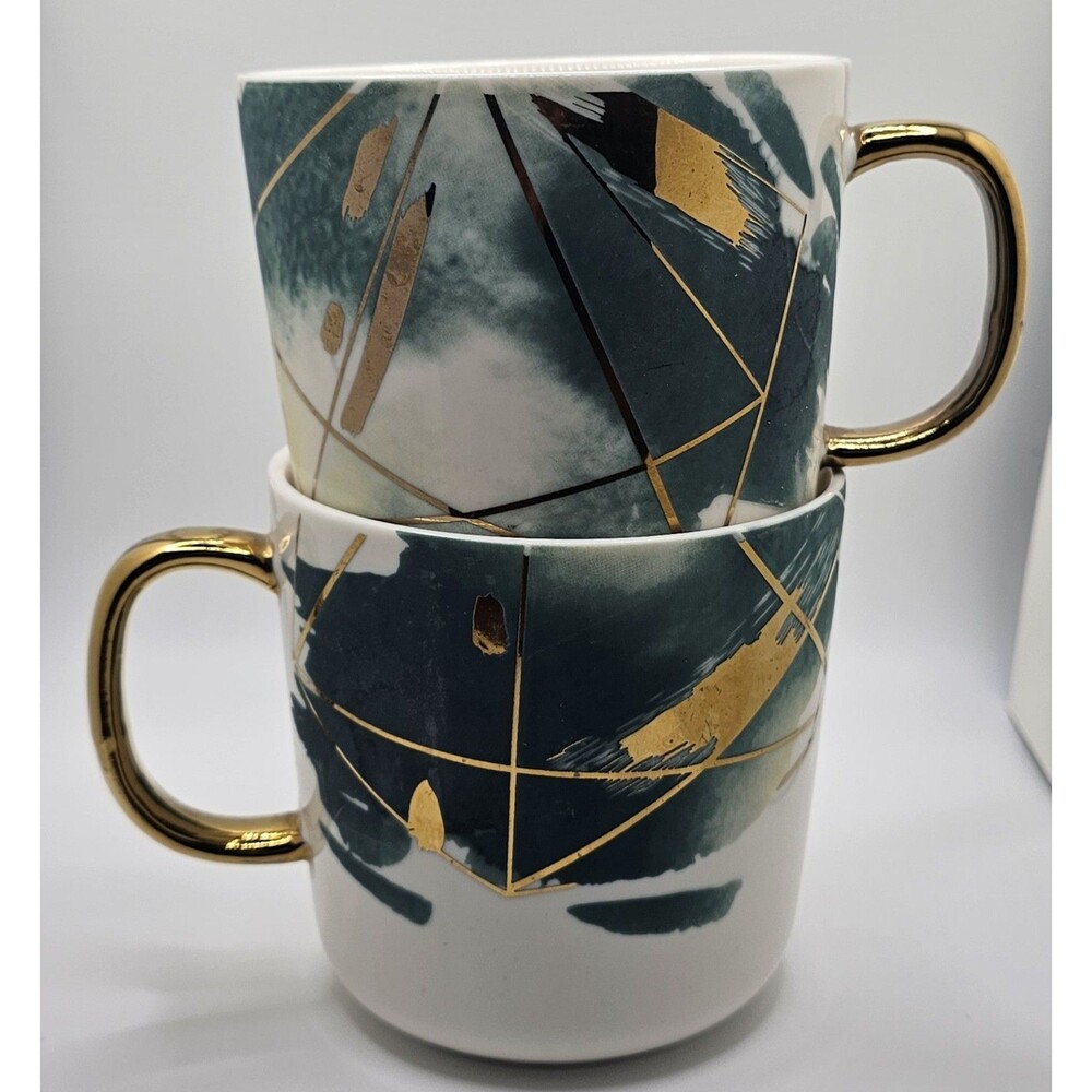 Grace Teaware Set Of 2 Fine Porcelan Mugs Green And Gold Abstract